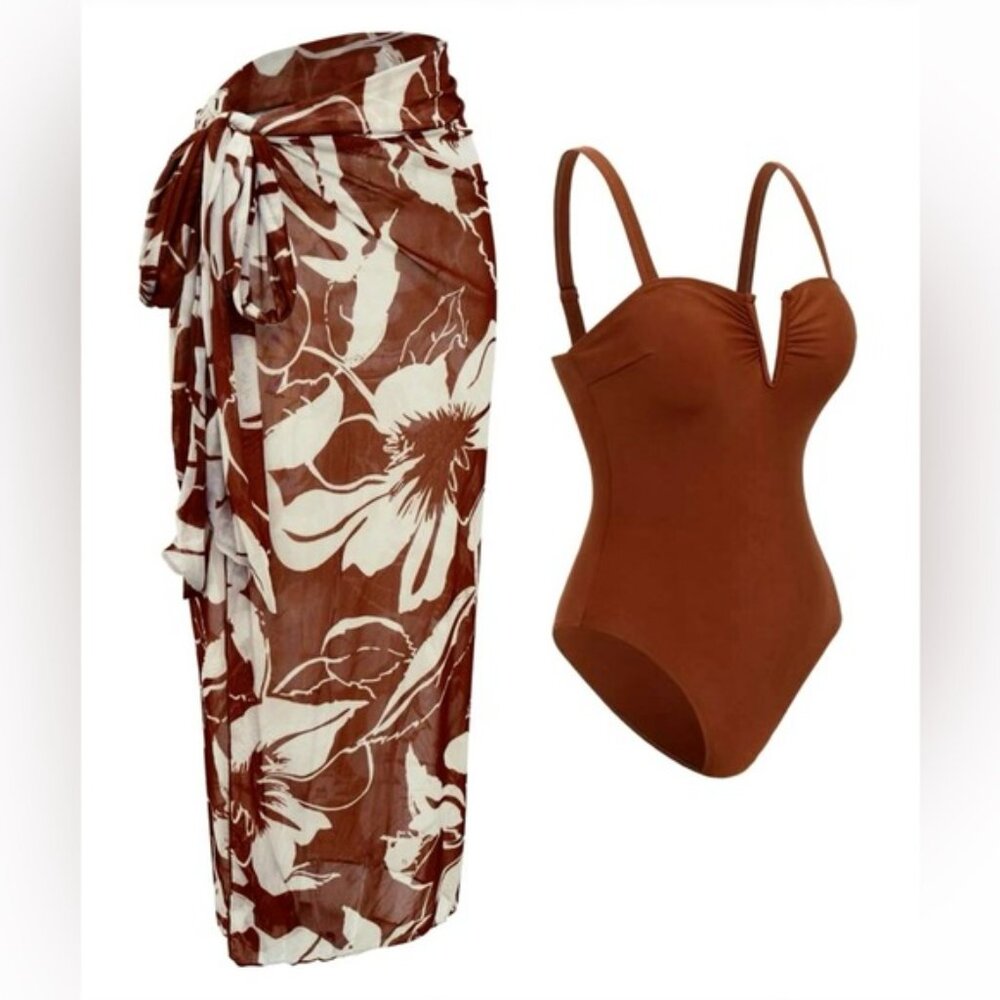 One piece Swimsuit with Sarong Cover Up Wrap